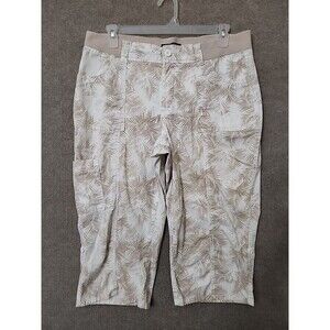 Riders Lee Skimmer Pants Womens 16 White Beige Leaf Print Roll Tab Elastic Waist